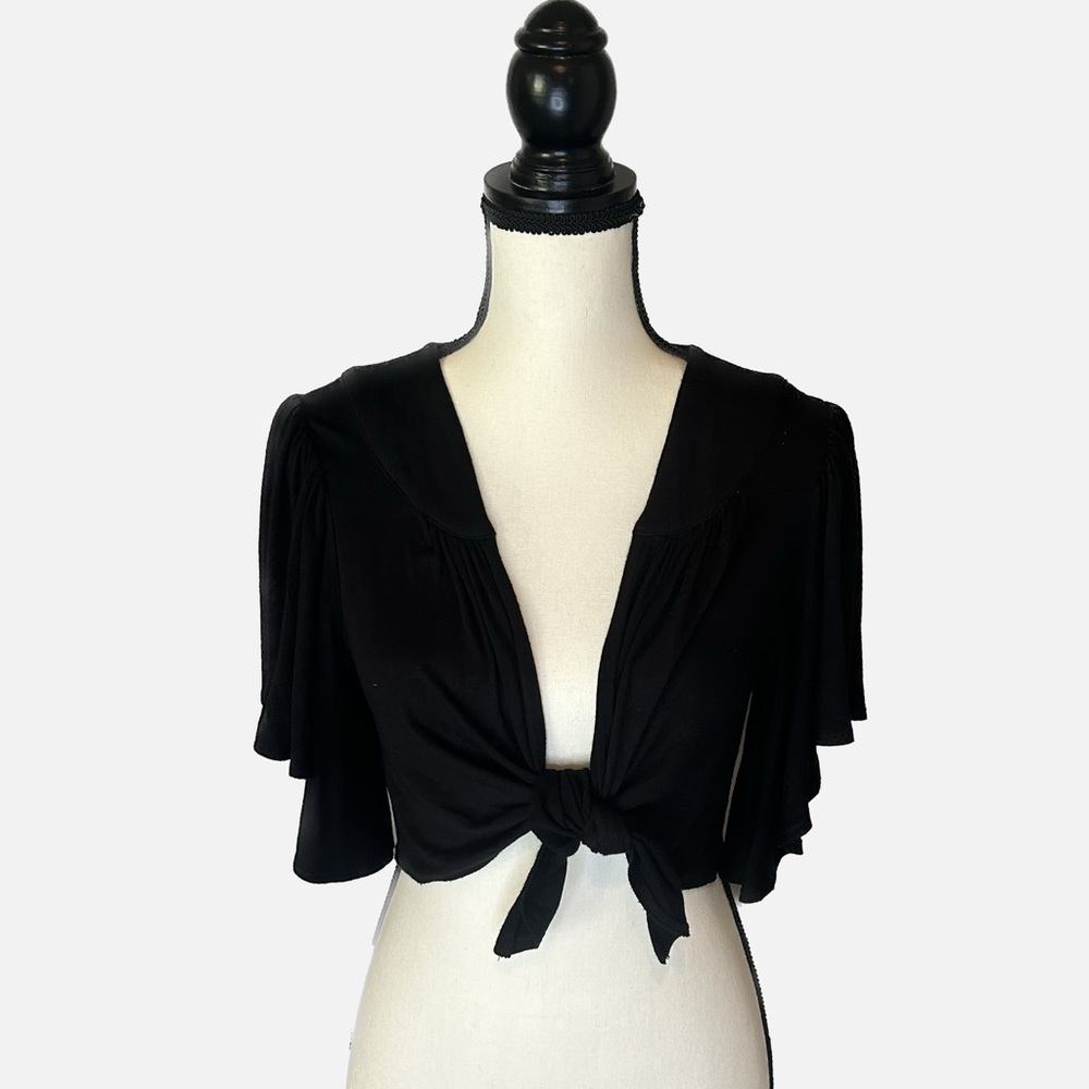 Andrea Behar Front Tie Flutter Sleeve Crop Top